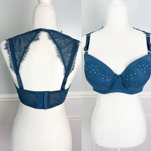 Cacique Blue Rhinestone Embellished Bra Lace Open Back Boho Balconette  Sz 38D